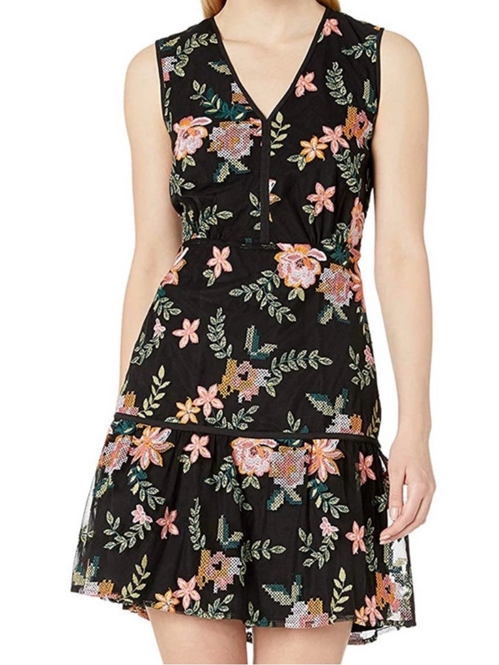 NWOT - Sam Edelman Black and Coral Floral Embroidered Mesh Mini Dress